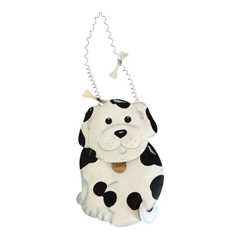 Vintage Metal Dalmatian Dog Treats Wall Hanging Sign Wire Hanger 11" x 7" Rustic